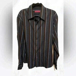 Fiorucci brown navy striped long sleeve button down dress  shirt XL